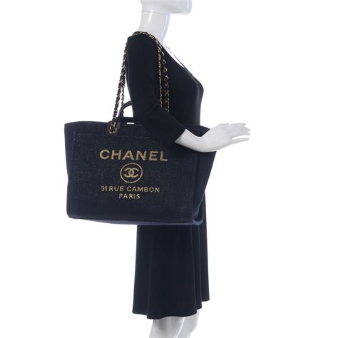 CHANEL Lurex Canvas Medium Deauville Tote Navy Blue